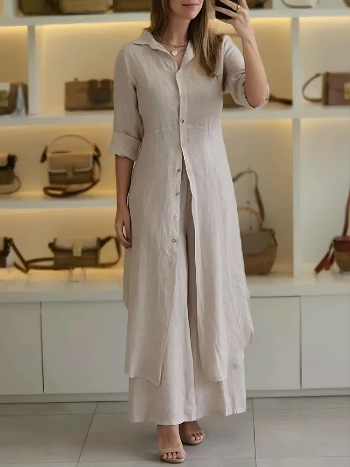 Chic women's two-piece set: elegant dress and wide-leg pants combo. Perfect for sophisticated styling.
