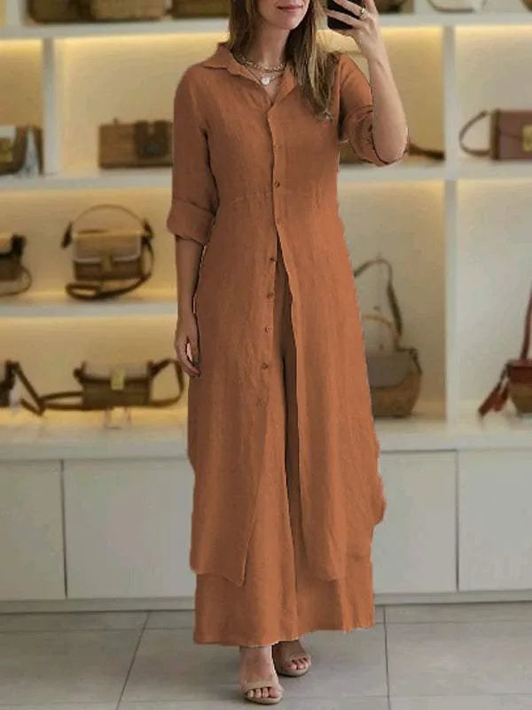 Women's sophisticated two-piece set: elegant top dress and matching wide-leg pants for a chic ensemble.