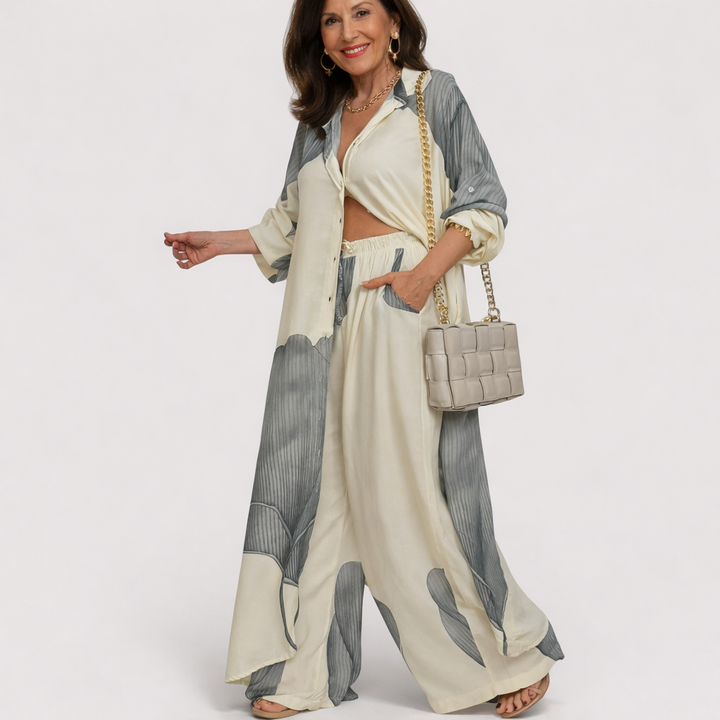 Elegant women's two-piece flowy dress set, versatile and sophisticated for various occasions.