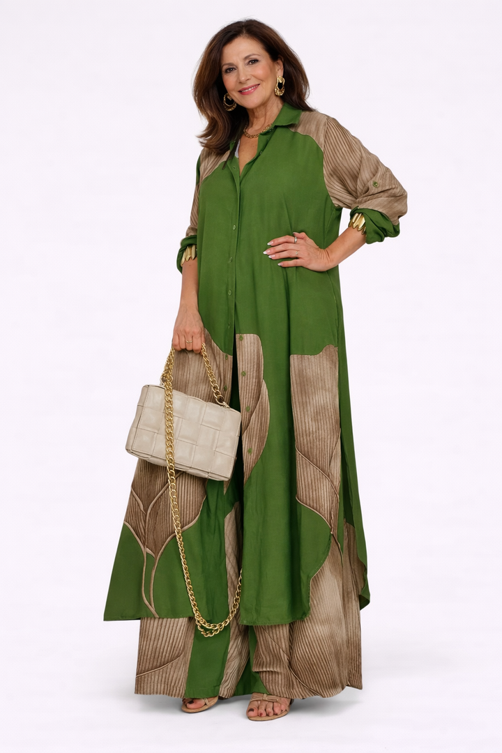 Plus size elegant women's two-piece flowy dress set, versatile and comfortable for stylish wear.