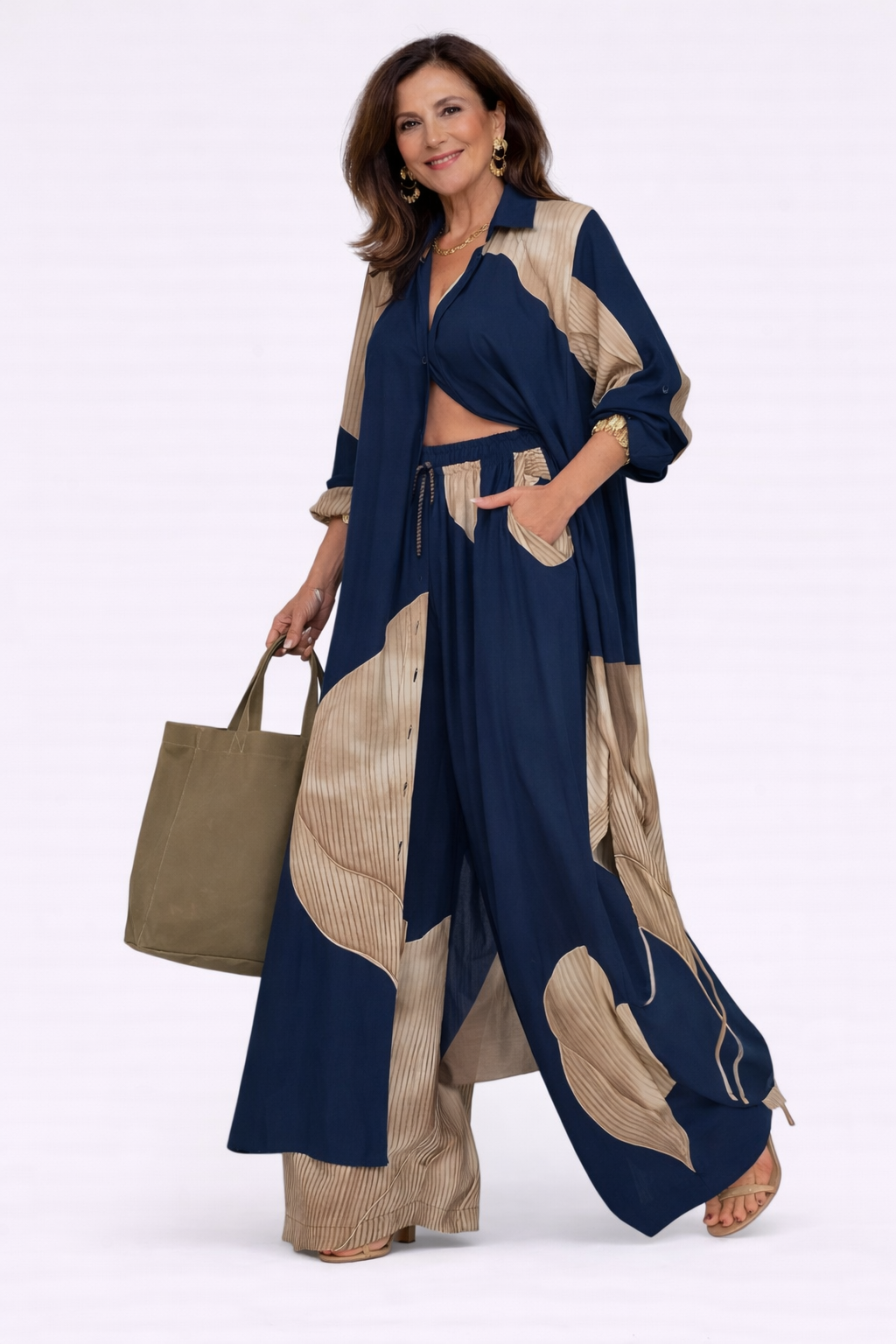Modern women's two-piece flowy dress set. Elegant design, comfortable fit for sophisticated fashion.