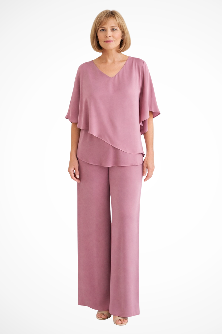 Elegant women's two-piece set: V-neck batwing top & wide-leg trousers. Sophisticated matching outfit.