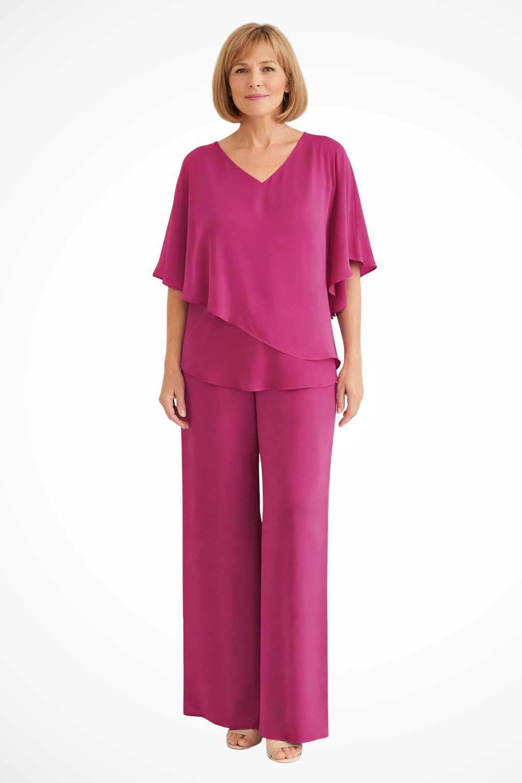Women's elegant fashion: Two-piece set with a batwing sleeve V-neck top & comfortable wide-leg pants.