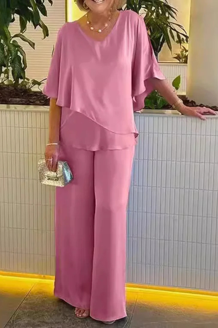 Women's v-neck batwing sleeve top & wide-leg pants set. Stylish, elegant matching ensemble.
