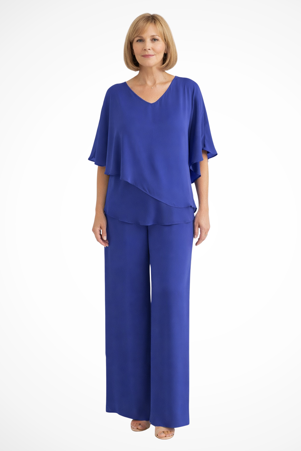 Sophisticated women's two-piece outfit with a batwing V-neck top and wide-leg trousers.