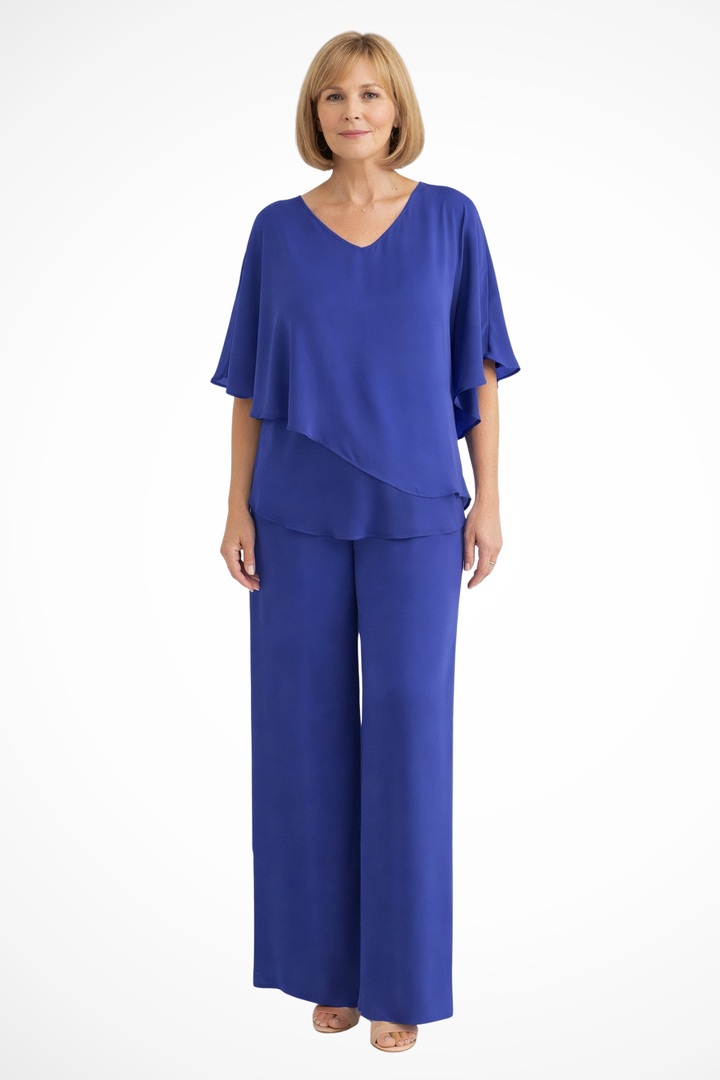 Sophisticated women's two-piece outfit with a batwing V-neck top and wide-leg trousers.
