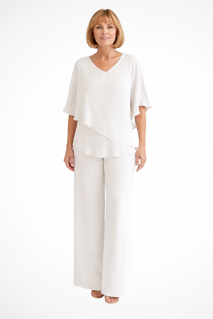 Matching women's set: Elegant V-neck batwing top and flowy wide-leg trousers for a chic look.