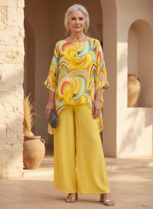 Elegant women's two-piece set with artistic swirl print, flowy top & wide leg pants, perfect for summer.
