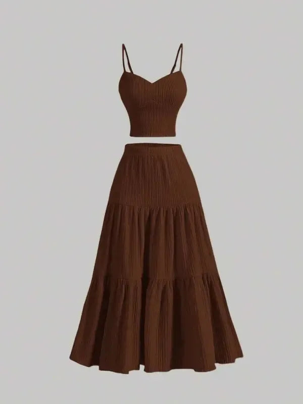 Fashionable women's two-piece skirt set for summer, an elegant cami and midi skirt matching outfit.