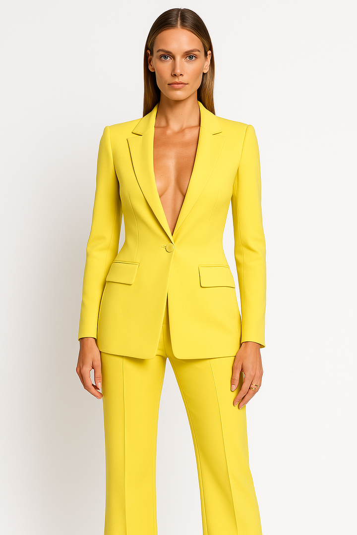 Tailored women's two-piece blazer and trouser suit for professional elegant office attire. Chic workwear.