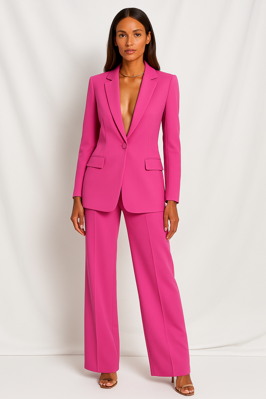 Woman wearing a chic two-piece tailored trouser suit, perfect for a professional and elegant office style.
