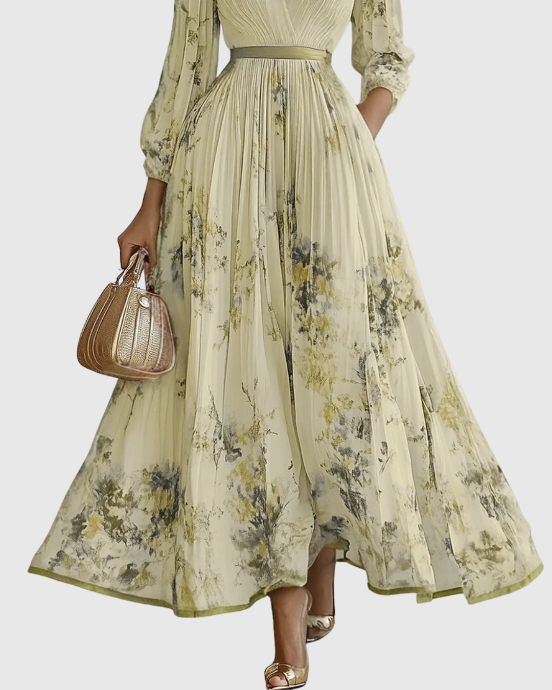 Elegant V-neck A-line midi dress for women, styled formally for a sophisticated party look.