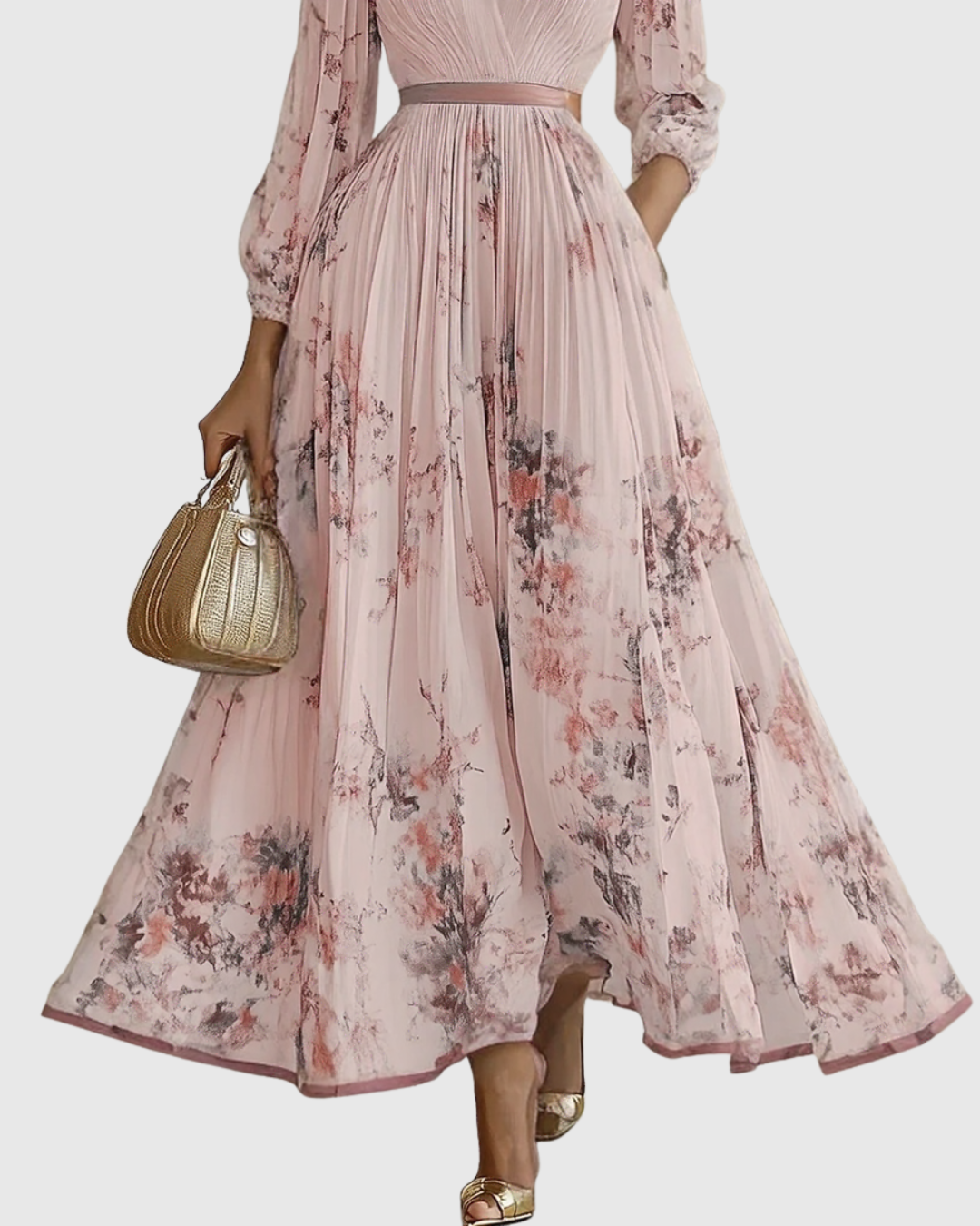 Luxurious fabric of an elegant V-neck A-line midi dress, comfortable & stylish formal wear.