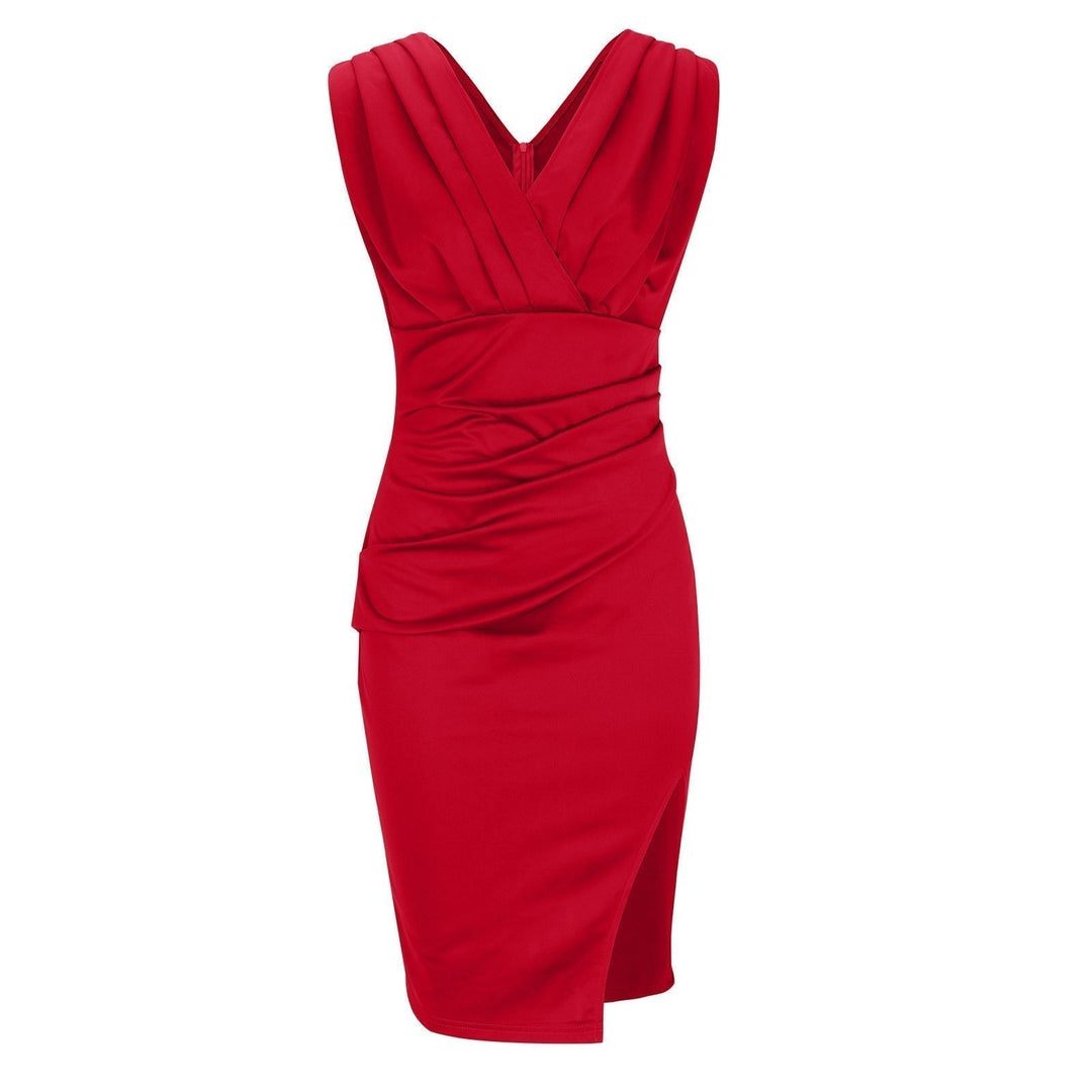 Elegant women's sleeveless V-neck bodycon midi dress, perfect for parties, evening & special occasions.