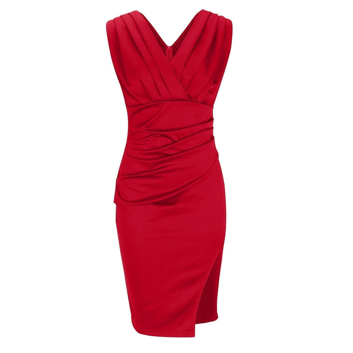 Elegant women's sleeveless V-neck bodycon midi dress, perfect for parties, evening & special occasions.