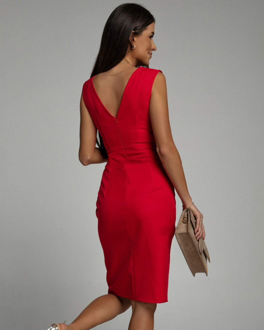Slim-fit women's bodycon V-neck midi dress, showcasing elegant silhouette for date night & formal events.