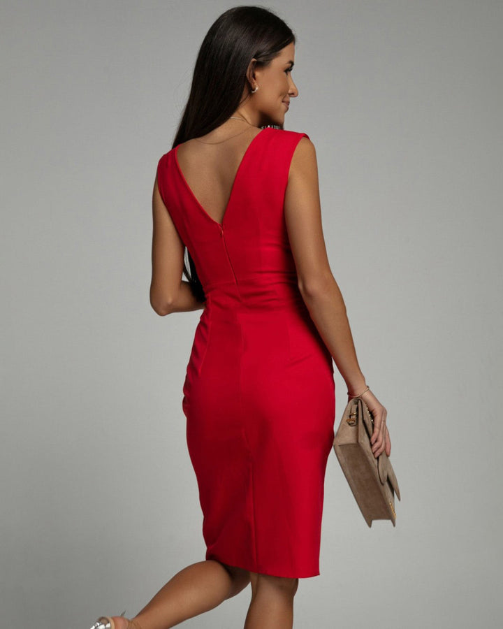 Slim-fit women's bodycon V-neck midi dress, showcasing elegant silhouette for date night & formal events.