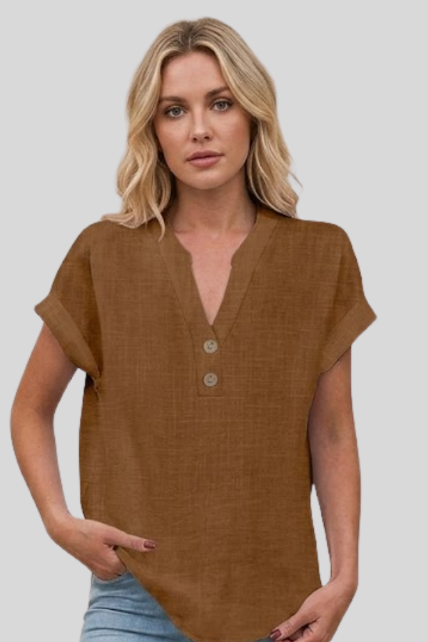 Elegant women's V-neck button blouse with short sleeves, perfect for office or casual wear.