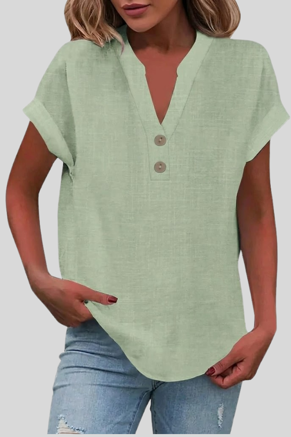Sophisticated women's V-neck button blouse, short sleeve, great for office wear & everyday fashion.