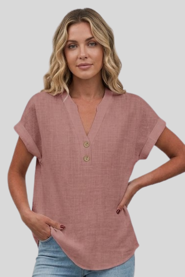 Women's versatile V-neck button-front blouse, short sleeve, chic for office or everyday wear.