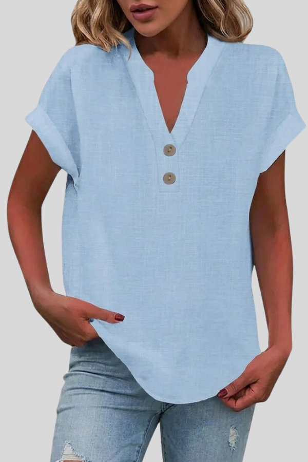 Relaxed fit women's V-neck short sleeve button blouse, elegant for summer and casual wear.