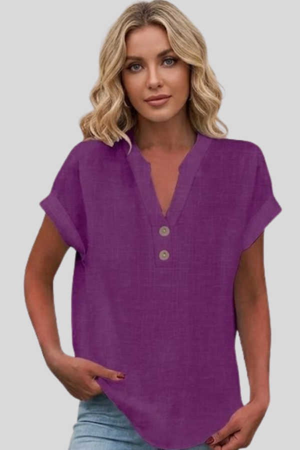 Everyday style women's V-neck button blouse, short sleeve, a chic and versatile fashion top.