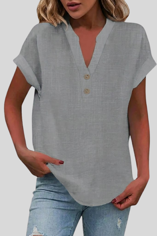 Chic short sleeve V-neck button-front blouse for women, ideal for versatile everyday style.