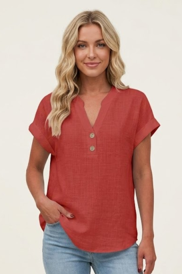 Summer-ready V-neck short sleeve button blouse for women, chic and comfortable everyday wear.