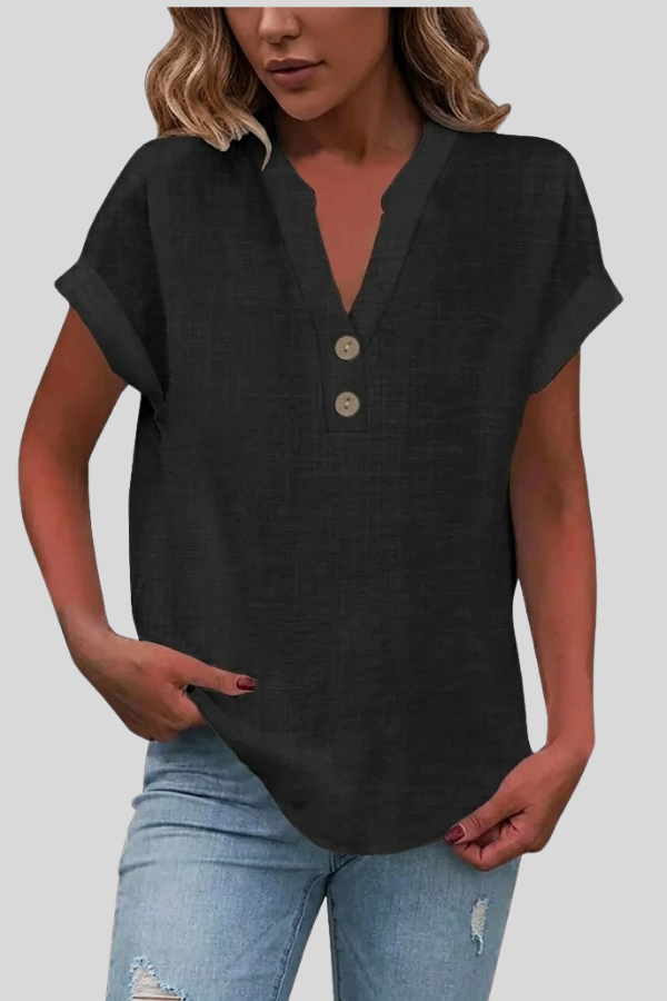 Elegant button-front V-neck women's top, short sleeve, perfect for office or casual style.