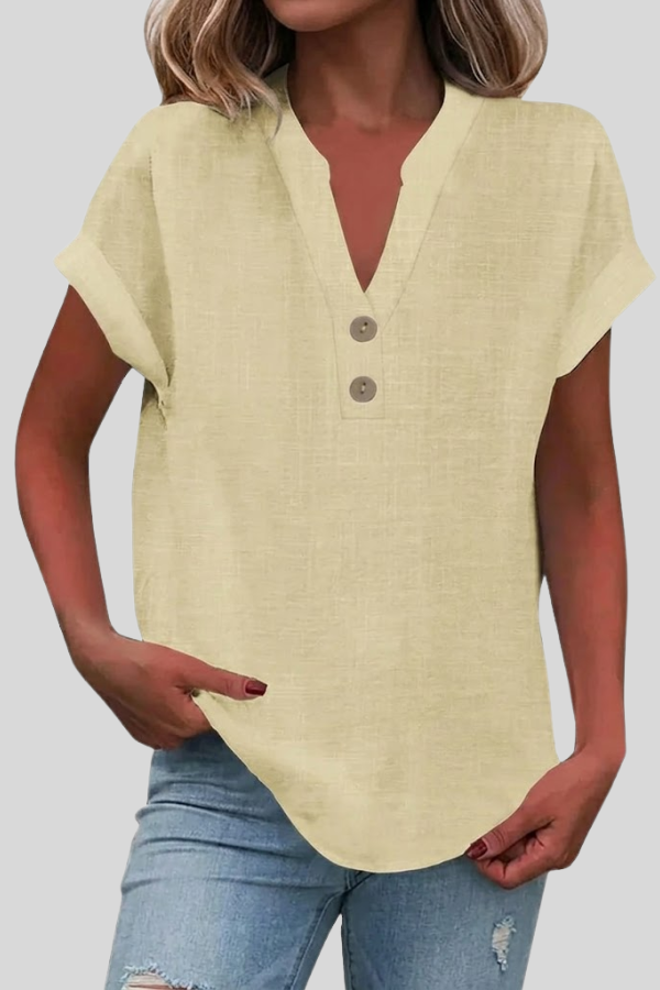 Women's short sleeve V-neck blouse with buttons, chic and versatile for any occasion.