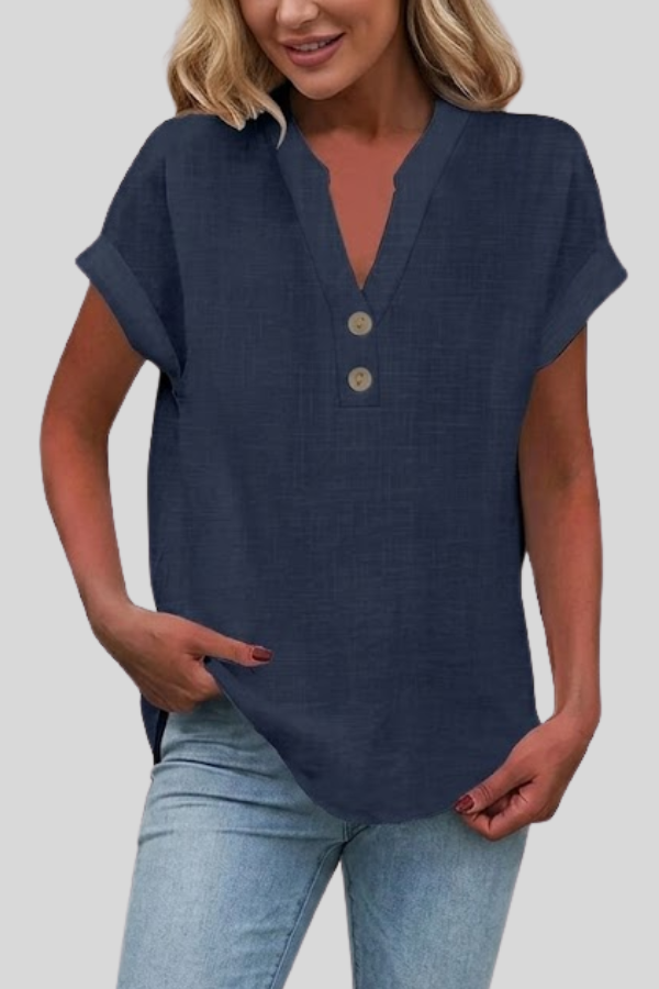 Fashionable women's V-neck button blouse, relaxed fit, ideal for elegant everyday or office wear.
