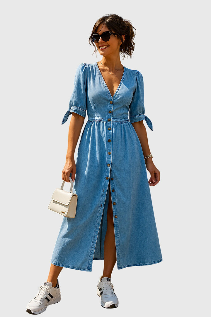 Elegant women's V-neck button front midi dress with chic tie sleeves, perfect for summer casual or spring outfits.