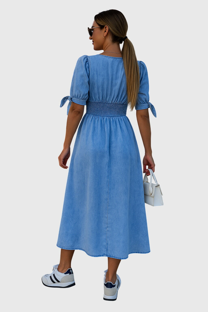 Chic V-neck midi dress for women featuring a full button front and stylish tie sleeves, ideal for versatile everyday wear.