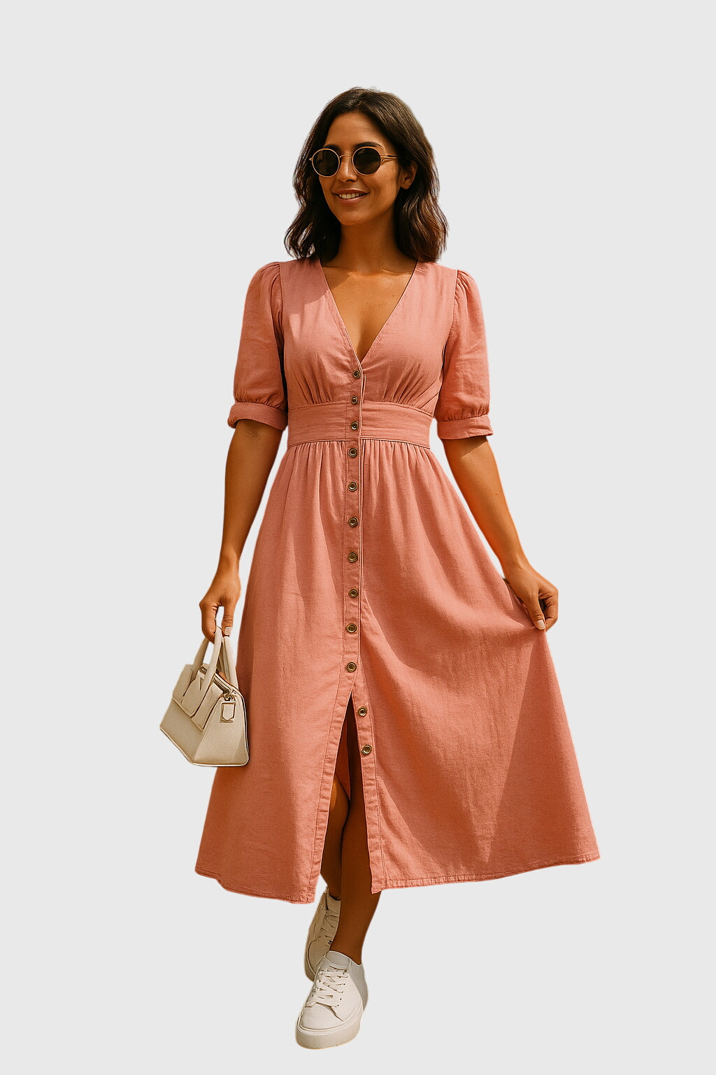 Casual women's button front midi dress with a flattering V-neck and trendy tie sleeves, great for spring and summer fashion.