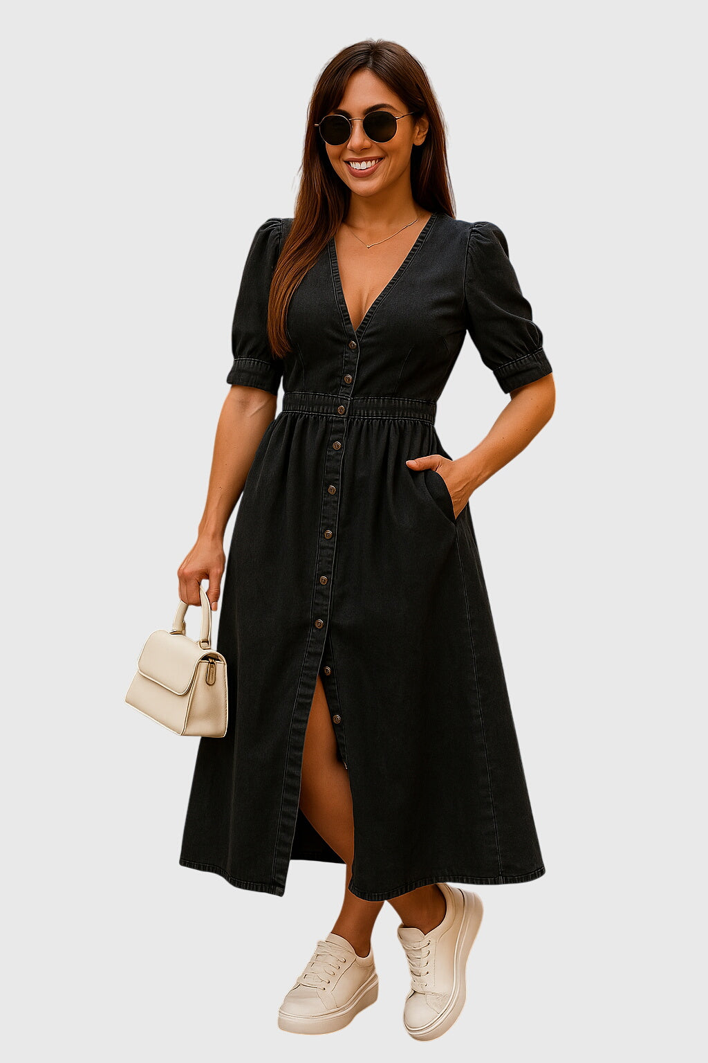Stylish women's V-neck midi dress with functional button front and delicate tie sleeves, offering elegant and versatile wear.