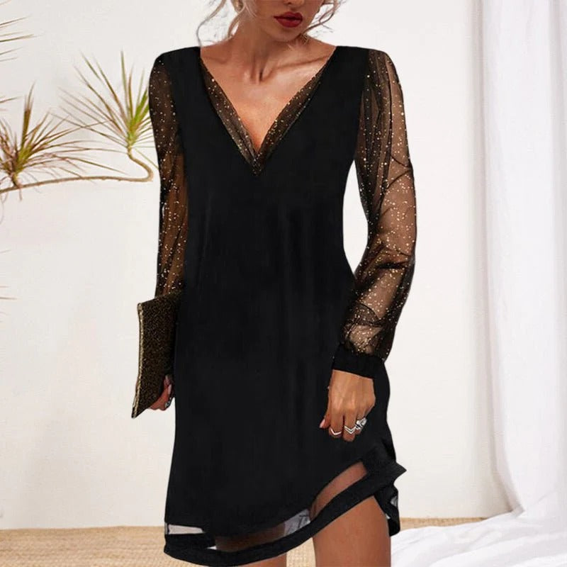 Elegant women's V-neck classic evening dress for formal events & parties, a flattering long sleeve design.