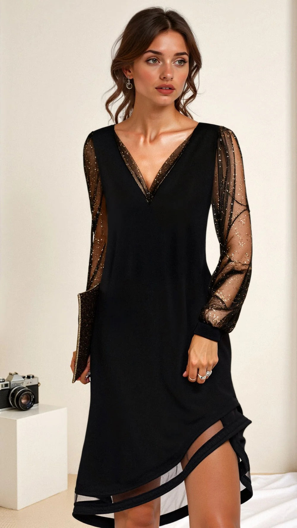 Women's classic V-neck long sleeve evening dress, perfect for special occasions, features a flattering fit.