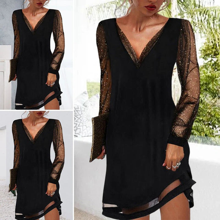 Women's elegant V-neck long sleeve evening gown, a comfortable classic dress for any formal occasion.