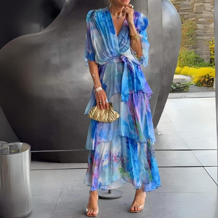 Elegant women's V-neck cocktail dress with tummy control and a flowing drape, perfect for parties.