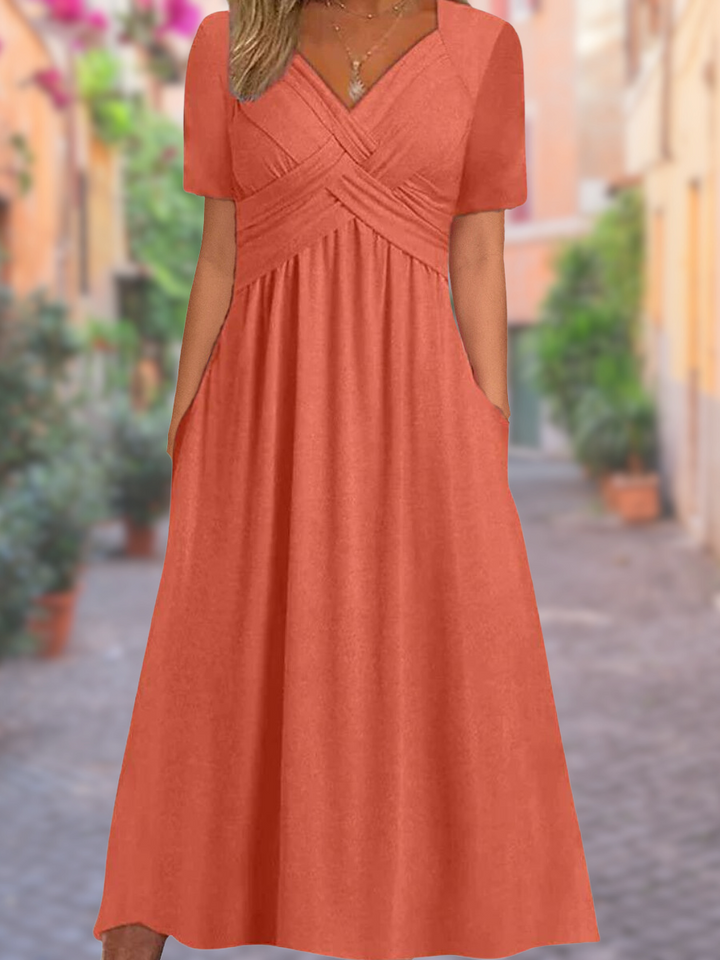 Elegant women's V-neck crisscross midi dress, perfect for summer cocktails & special occasions.