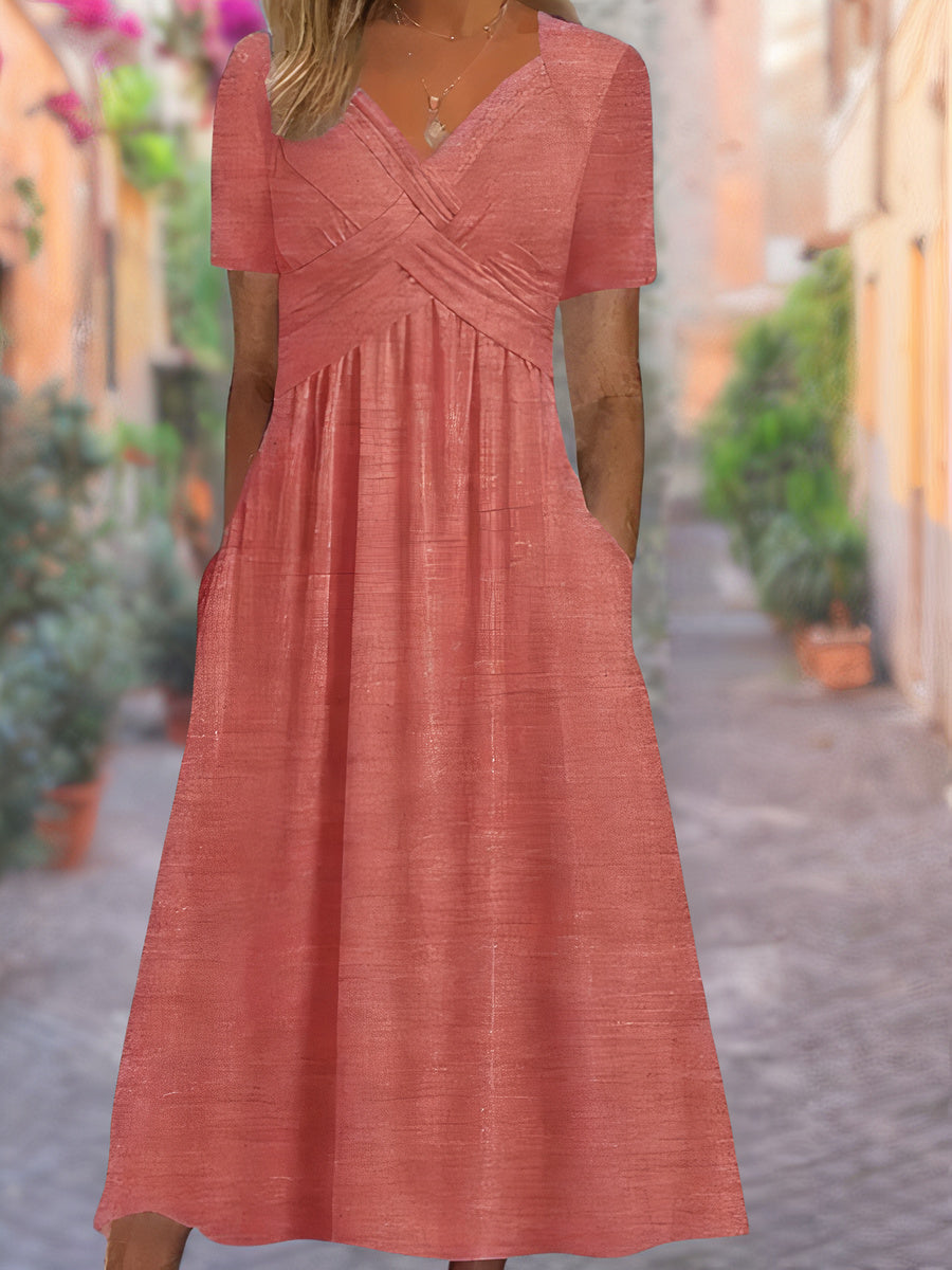 Fashionable women's crisscross V-neck midi dress in a flattering silhouette, suitable for parties.