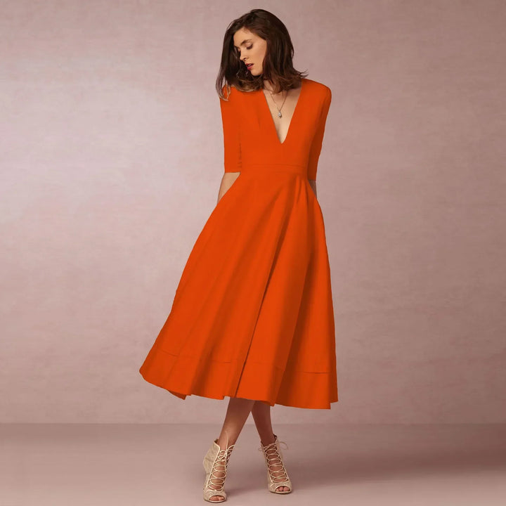 Red V-neck elbow-sleeve midi dress for women, elegant & versatile for many occasions.