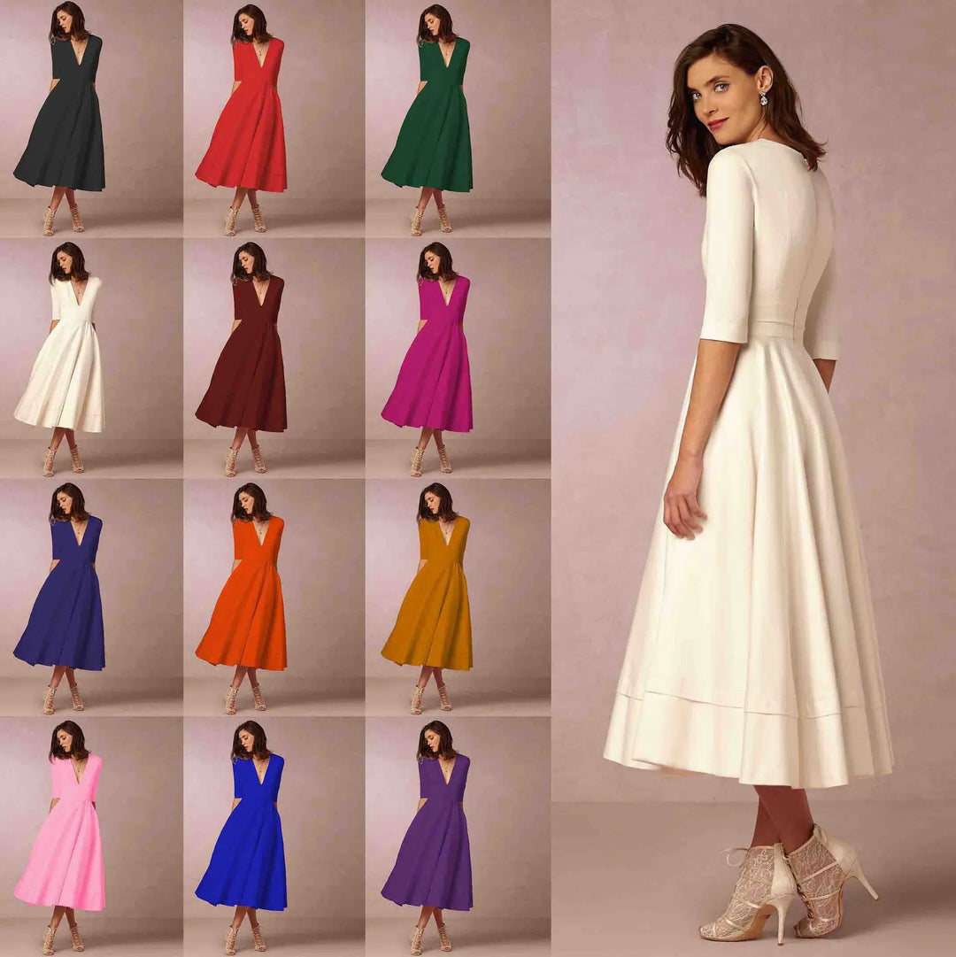 Elegant purple V-neck elbow-sleeve midi dress for women, a sophisticated versatile choice.