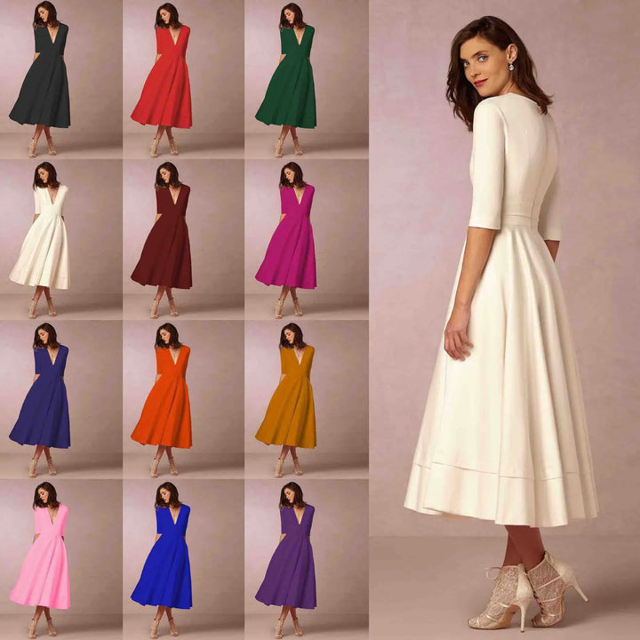 Elegant purple V-neck elbow-sleeve midi dress for women, a sophisticated versatile choice.