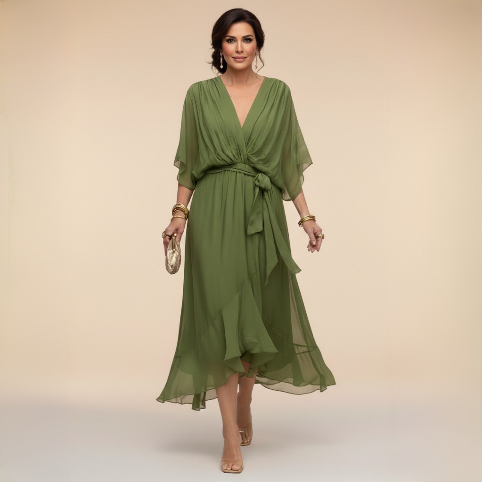 Elegant women's V-neck flowy dress, perfect for summer occasions & comfortable party wear.