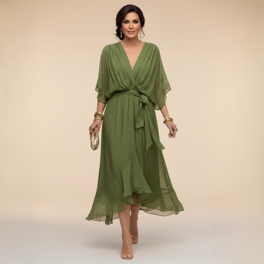Elegant women's V-neck flowy dress, perfect for summer occasions & comfortable party wear.