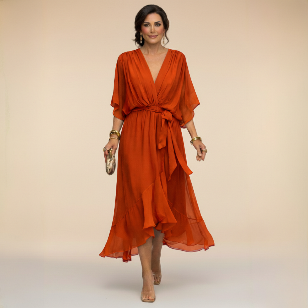 Elegant & comfortable women's summer V-neck flowy dress, ideal for parties & evening wear.