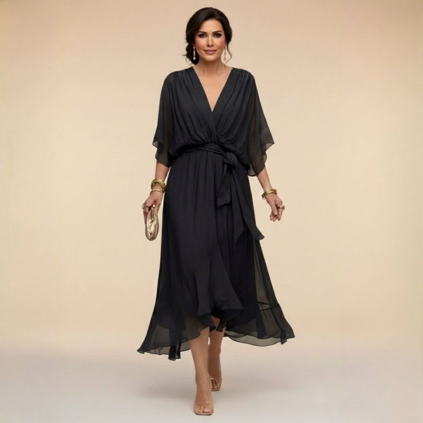 Stylish V-neck flowy summer dress for women, ideal for elegant parties & comfortable evening wear.