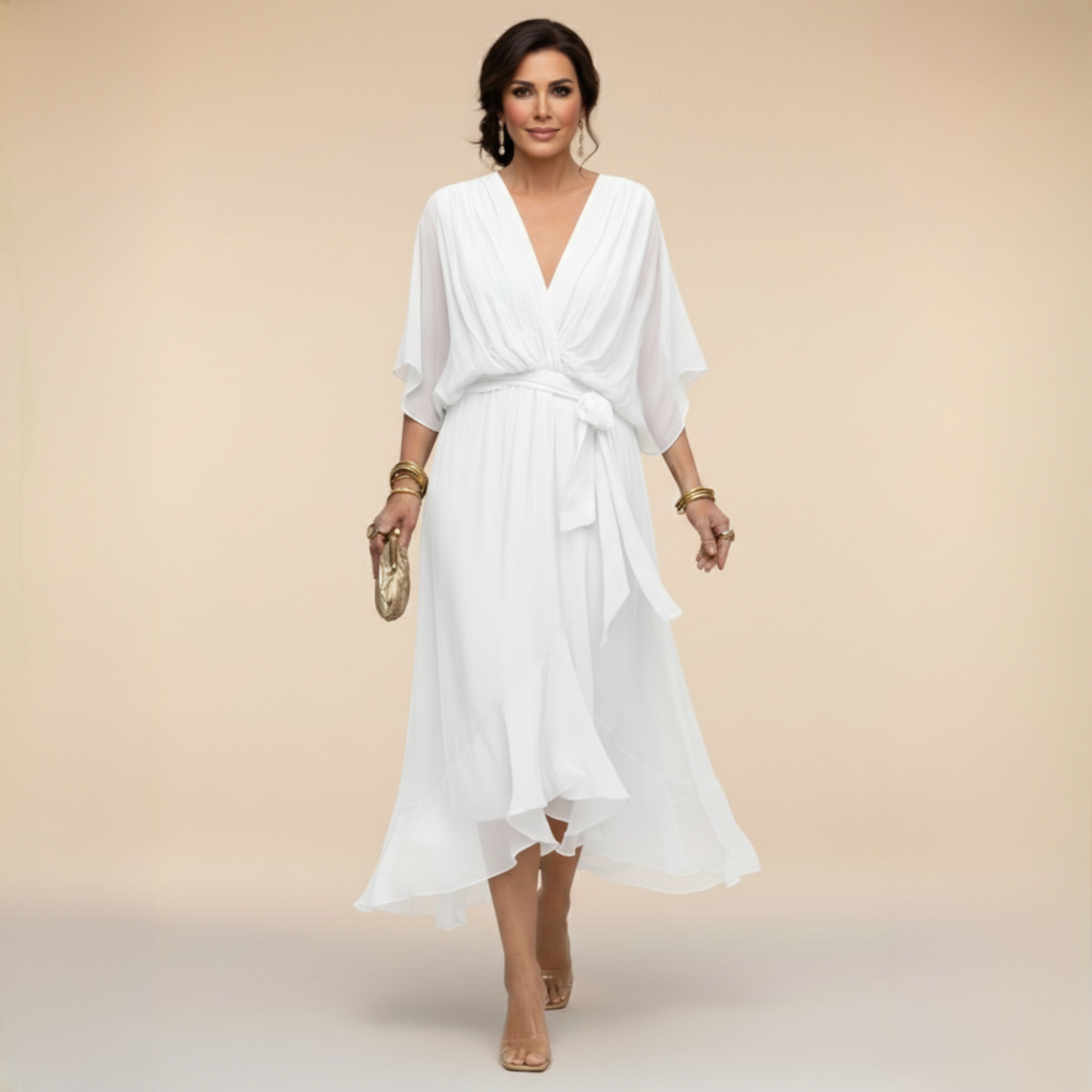 Chic flowy V-neck evening dress for women, comfortable & elegant for summer or occasion wear.