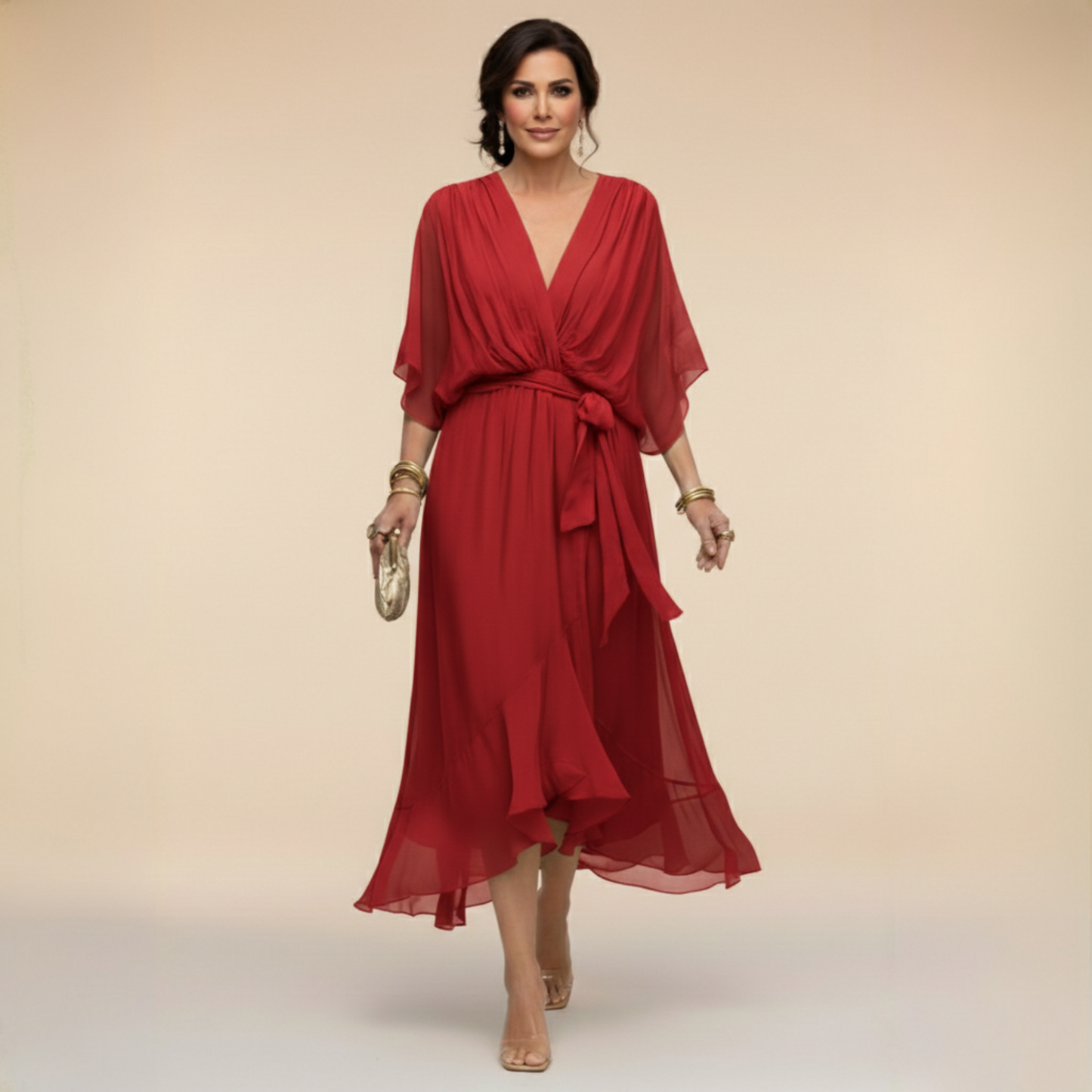 Beautiful V-neck flowy elegant dress for women, perfect for versatile summer and evening parties.